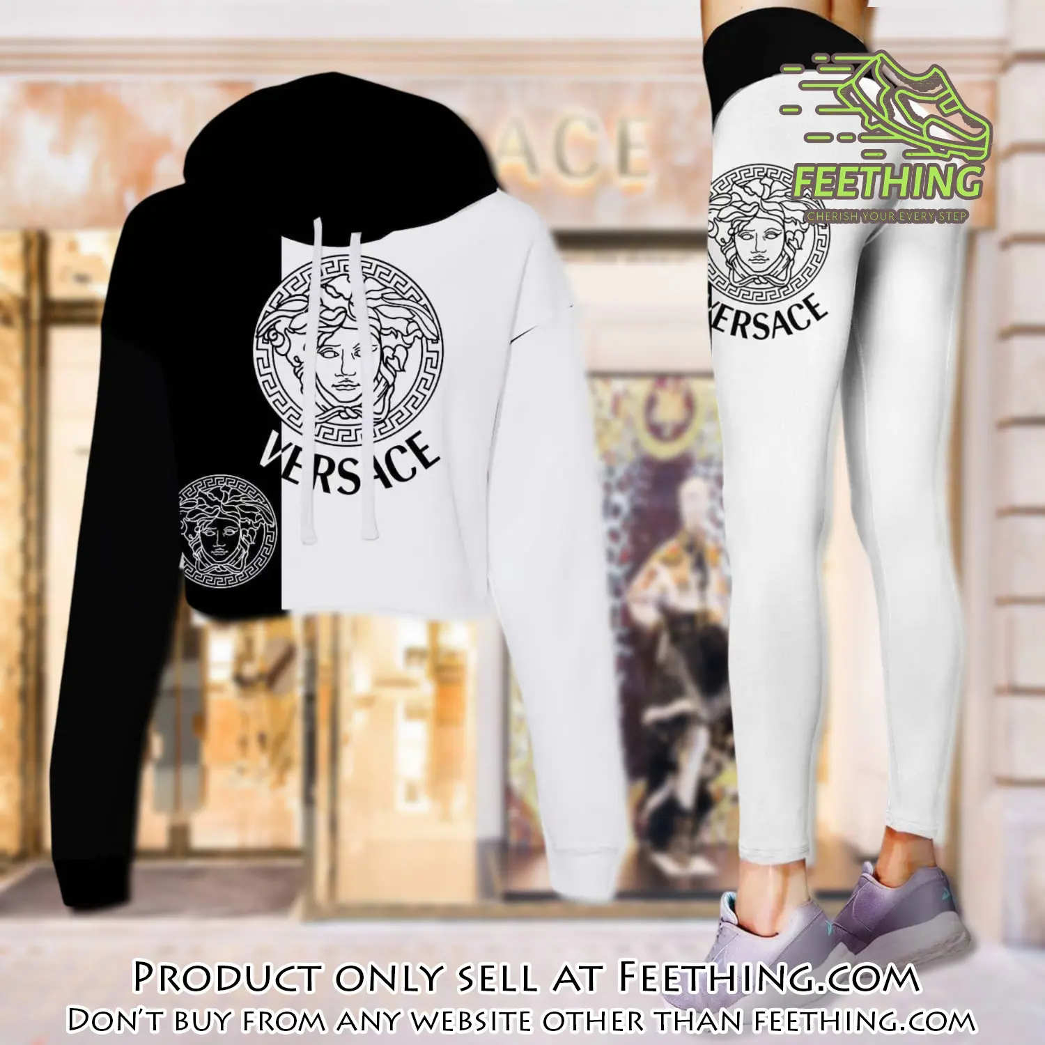 Versace black white luxury brand clothes leggings and crop top set for women ft4342418